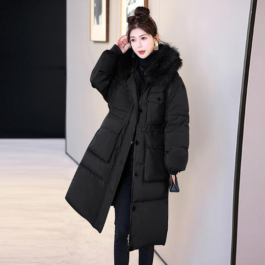 时尚设计感，冬季貉子毛领白鸭绒过膝连帽多口袋长款羽绒服HR-HBLJRD196 商品图7