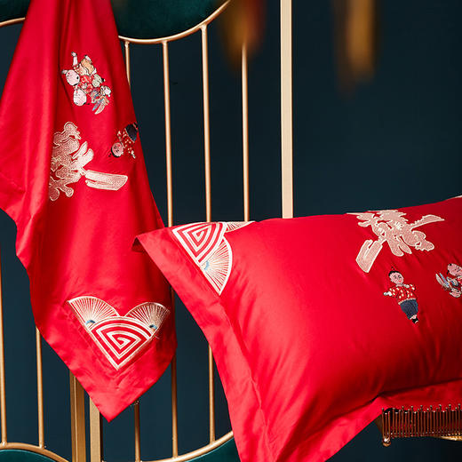 自然醒中式婚庆四件套全棉纯棉床单被套结婚床上用品新婚大红婚嫁40支GDS 商品图4