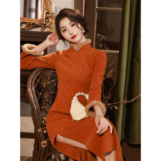 加厚橙色高端年轻款，高级感长袖日常旗袍LSB-2390 商品图2