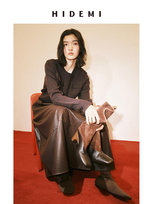 HIDEMI 【吴昕同款】节日系列深巧棕限定色松紧带褶皱皮裙半身裙 商品图3