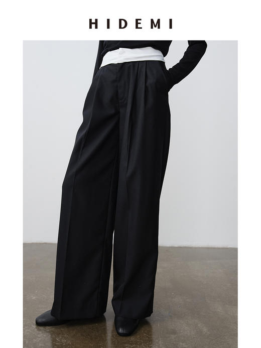 HIDEMI 极简设计感外露式拼接白色腰头中低腰阔腿西裤 商品图2
