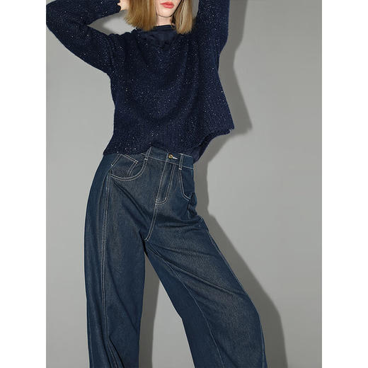 【秒杀】COCOBELLA复古撞色线高腰捏褶牛仔裤女磨毛加厚阔腿裤DN3002 商品图1