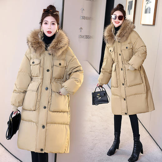 时尚设计感，冬季貉子毛领白鸭绒过膝连帽多口袋长款羽绒服HR-HBLJRD196 商品图2