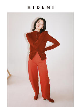 HIDEMI 节日系列车厘子红美利奴羊毛纽扣小立领针织开衫毛衣