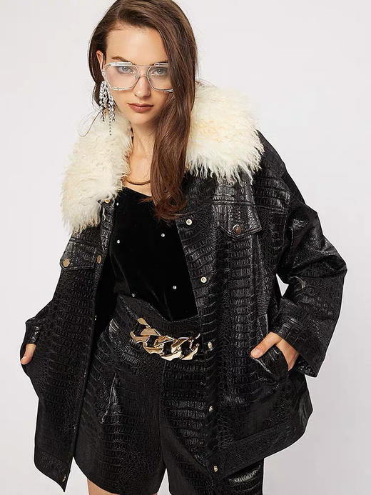 可拆卸毛领宽松鳄鱼纹皮衣夹克外套 商品图2