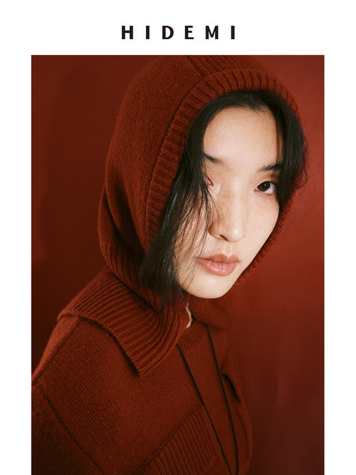 HIDEMI 节日系列美利奴羊毛脖套设计感针织帽圆帽 深巧棕/车厘子红 商品图0