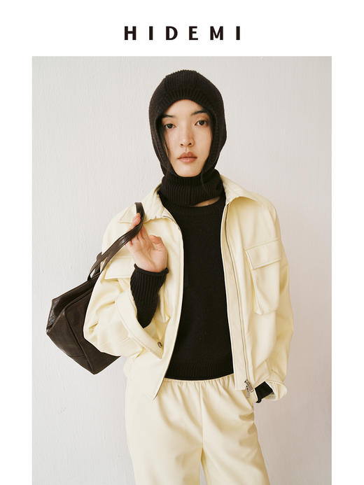HIDEMI 节日系列超软蛋白皮口袋工装夹克皮衣套装 夹克外套/卷边九分裤 巧克力色/奶油黄 商品图3