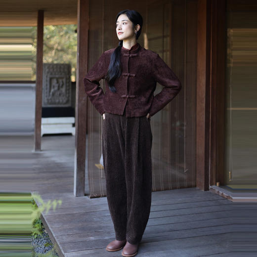 绽放994/深咖色复古高级感新中式圆领盘扣自发热灯芯绒棉服 商品图2
