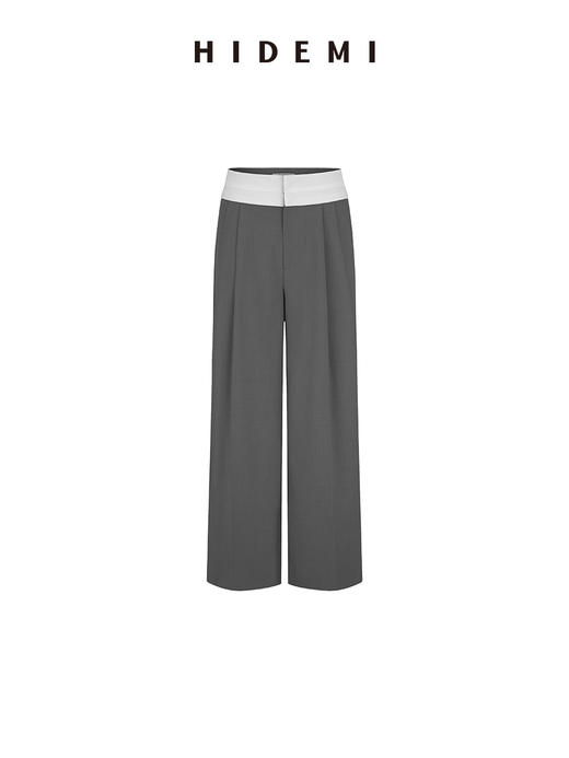 HIDEMI 极简设计感外露式拼接白色腰头中低腰阔腿西裤 商品图6