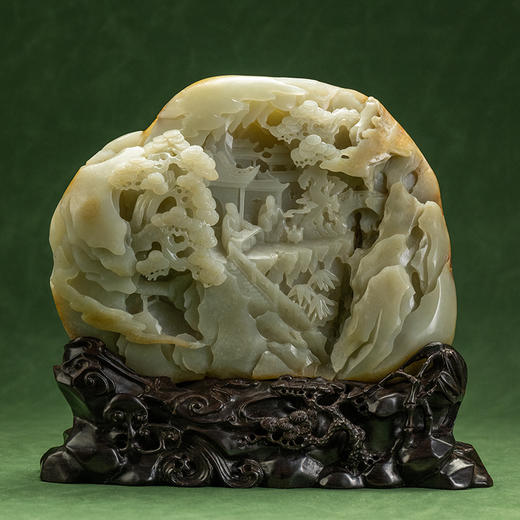 和田玉籽料松下抚琴山子摆件（红木座） 商品图0