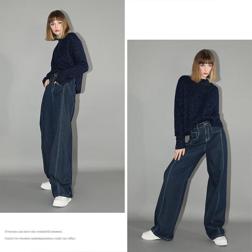 【秒杀】COCOBELLA复古撞色线高腰捏褶牛仔裤女磨毛加厚阔腿裤DN3002 商品图3