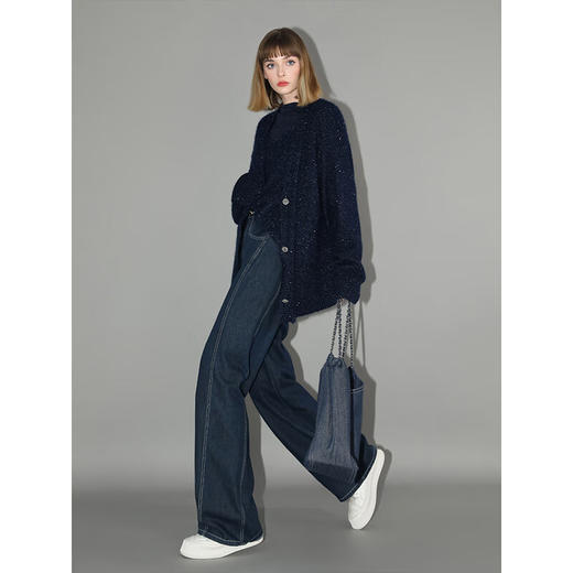 【秒杀】COCOBELLA复古撞色线高腰捏褶牛仔裤女磨毛加厚阔腿裤DN3002 商品图2