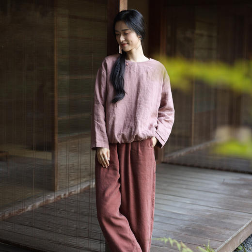 绽放928/灰粉色新中式圆领斜襟亚麻绗棉花苞型套头文艺棉服 商品图0