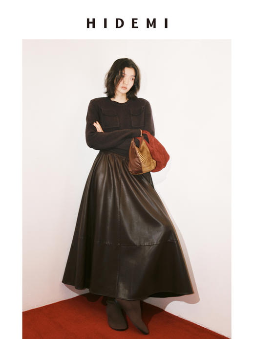 HIDEMI 【吴昕同款】节日系列深巧棕限定色松紧带褶皱皮裙半身裙 商品图1