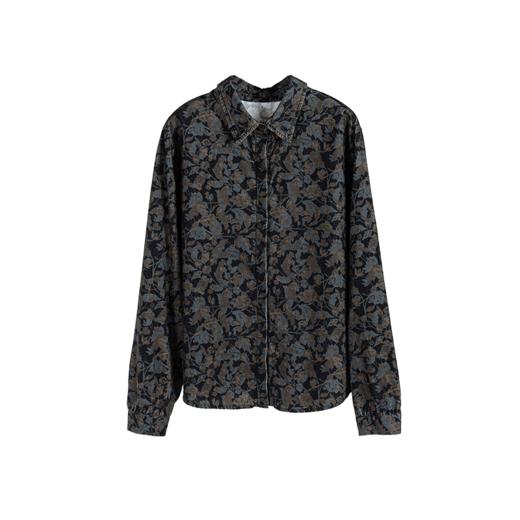 绽放813朵/复古黑咖印花棉质灯芯绒翻领开襟长袖宽松文艺衬衫 商品图2