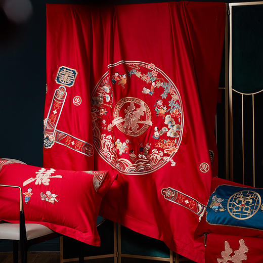 自然醒中式婚庆四件套全棉纯棉床单被套结婚床上用品新婚大红婚嫁40支GDS 商品图3