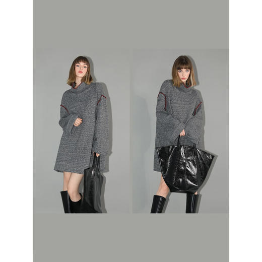 COCOBELLA撞色贝壳绣针织连衣裙女气质花纱高领毛衣裙FR0007 商品图2