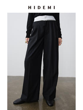HIDEMI 极简设计感外露式拼接白色腰头中低腰阔腿西裤