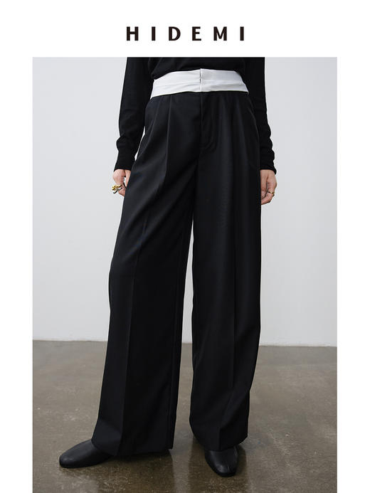 HIDEMI 极简设计感外露式拼接白色腰头中低腰阔腿西裤 商品图0