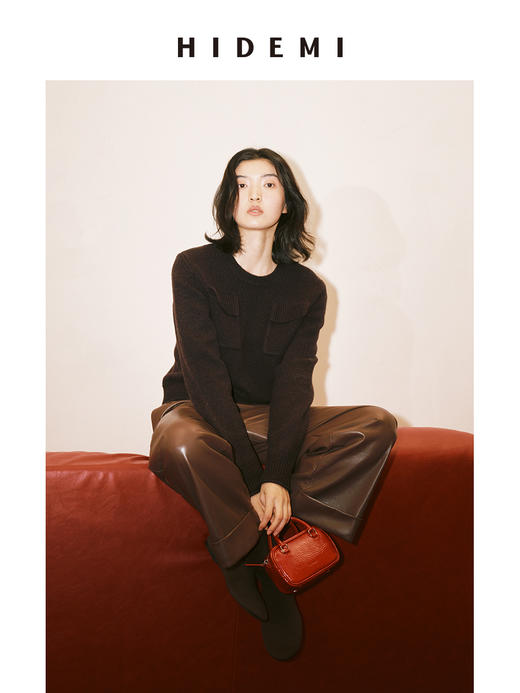 HIDEMI 节日系列美利奴羊毛工装口袋设计感短款毛衣 深巧棕/车厘子红 商品图9