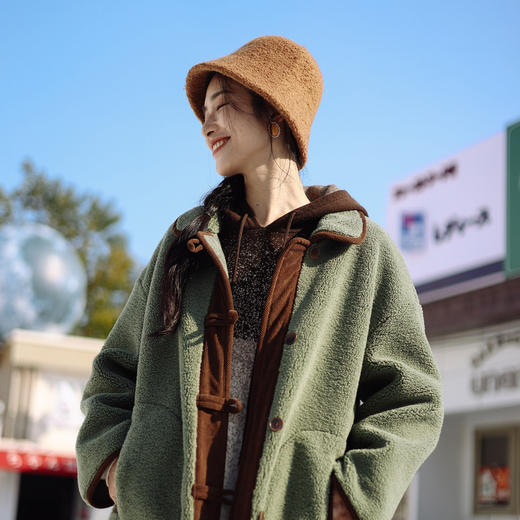 绽放980朵/山艾绿羊羔绒大衣撞色包边加厚灯芯绒插袋中长款外套 商品图1