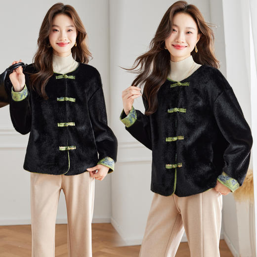 复古百搭，仿水貂皮毛一体外套新中式风盘扣仿水貂外套HR-WJ5218 商品图1