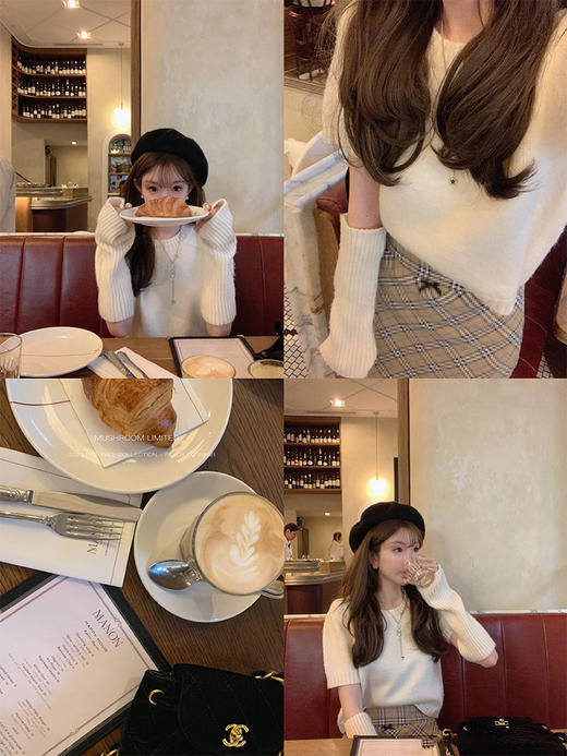 金蘑菇菇 秋日小伦敦 / 设计感小短款V领针织毛衣开衫+斜裁格裙 商品图4