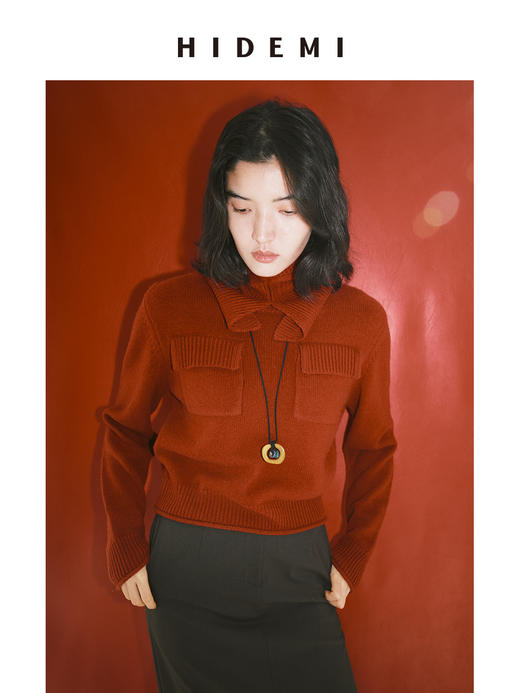 HIDEMI 节日系列美利奴羊毛工装口袋设计感短款毛衣 深巧棕/车厘子红 商品图1