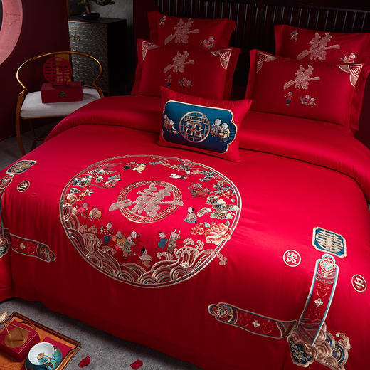 自然醒中式婚庆四件套全棉纯棉床单被套结婚床上用品新婚大红婚嫁40支GDS 商品图2