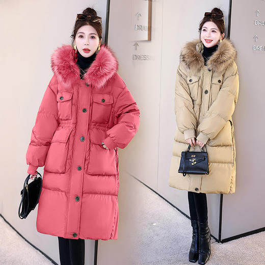 时尚设计感，冬季貉子毛领白鸭绒过膝连帽多口袋长款羽绒服HR-HBLJRD196 商品图0