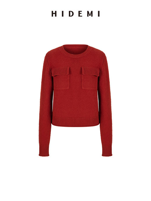 HIDEMI 节日系列美利奴羊毛工装口袋设计感短款毛衣 深巧棕/车厘子红 商品图13