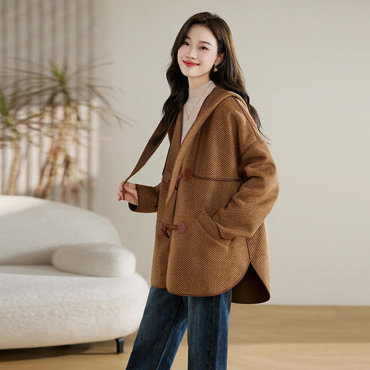 冬上新气质深V领高级感时髦减龄中长款纯色羊毛呢外套HR-WY82329 商品图1