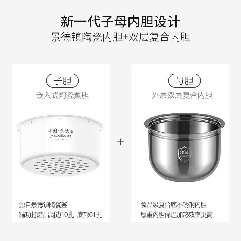 迈卡罗迈卡罗 （MACAIIROOS）电饭煲家用多功能低糖陶瓷蒸饭米汤分离智能降低减少淀粉电饭锅 白红色（MC-5080）