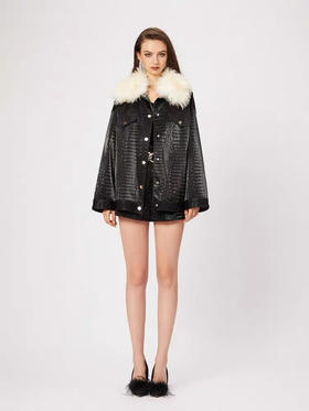 可拆卸毛领宽松鳄鱼纹皮衣夹克外套