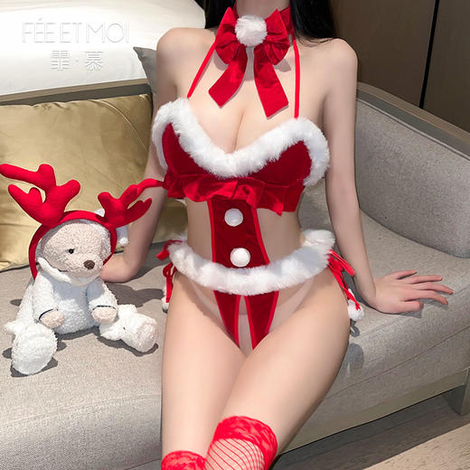【情趣内衣】霏慕 圣诞毛绒缀饰热辣开裆连体衣6535 商品图9