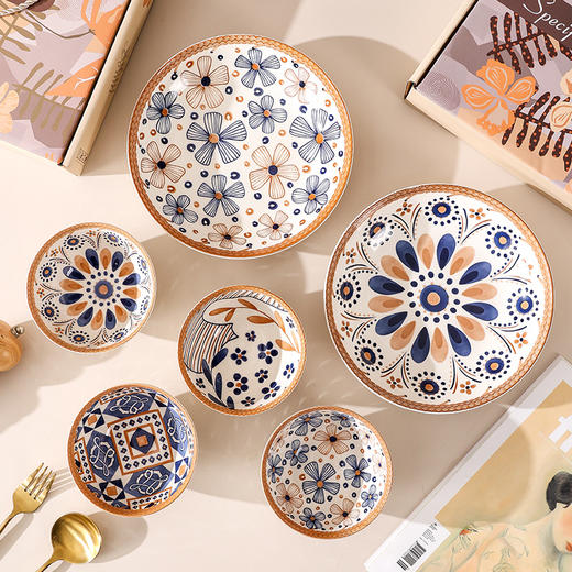 【匠心手绘！盘碟礼盒套装】中国风釉下彩工艺，健康不掉色不脱落，清新花卉，三餐为伴！中式美学！碗盘精美餐具套餐，龙年新年春节年货送礼优选 商品图1