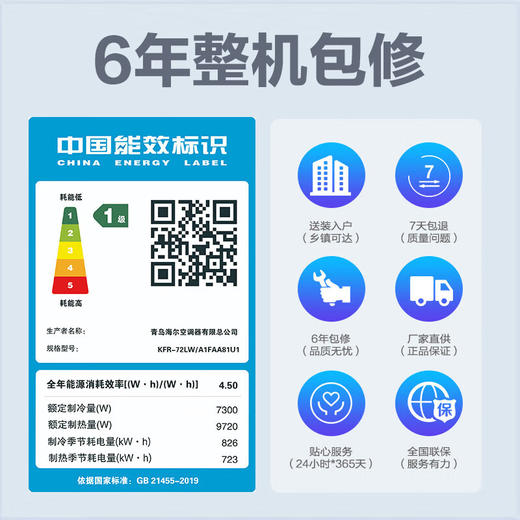 海尔（Haier）劲爽 荣耀 3匹新一级能效 变频 冷暖 自清洁 家用空调立式柜机 KFR-72LW/A1FAA81U1 商品图6