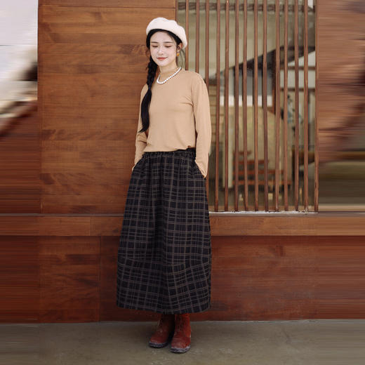 绽放935朵/高端定制复古黑灰格纹全羊毛内里纯棉双层长款花苞半裙 商品图0