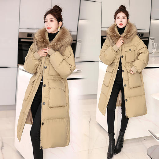 时尚设计感，冬季貉子毛领白鸭绒过膝连帽多口袋长款羽绒服HR-HBLJRD196 商品图3
