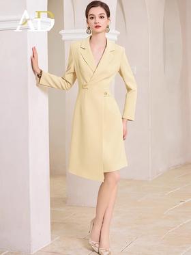 AD米黄色西装连衣裙女主持人上镜连身裙2023新款收腰显瘦西服裙子