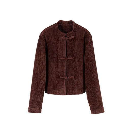 绽放994/深咖色复古高级感新中式圆领盘扣自发热灯芯绒棉服 商品图3