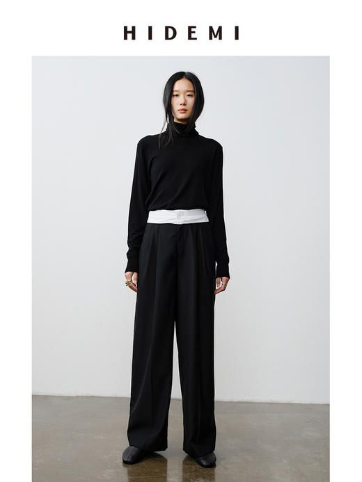 HIDEMI 极简设计感外露式拼接白色腰头中低腰阔腿西裤 商品图4