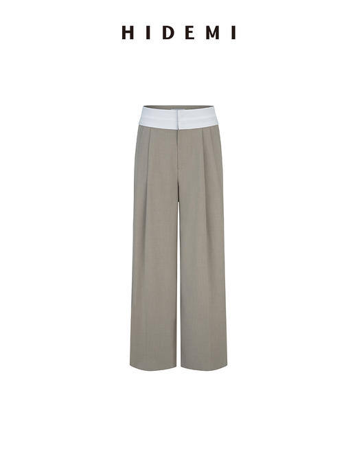 HIDEMI 极简设计感外露式拼接白色腰头中低腰阔腿西裤 商品图8