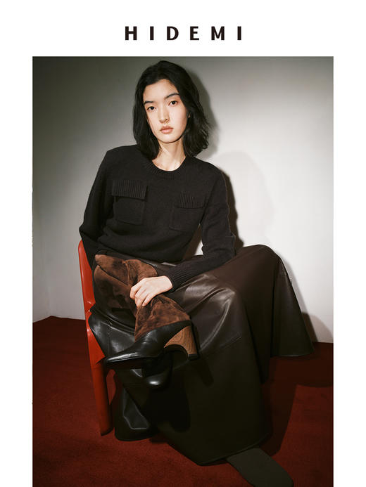 HIDEMI 节日系列美利奴羊毛工装口袋设计感短款毛衣 深巧棕/车厘子红 商品图7