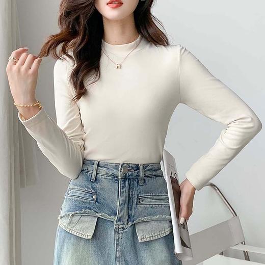 「6色可选！简约好搭」打底衫女上衣秋冬新款时尚韩版修身磨毛内搭黑色中领长袖 商品图1