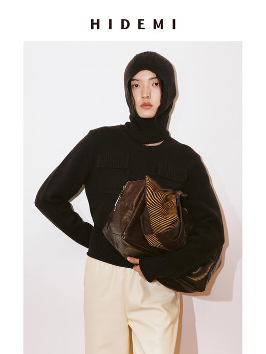 HIDEMI 节日系列美利奴羊毛脖套设计感针织帽圆帽 深巧棕/车厘子红 商品图7