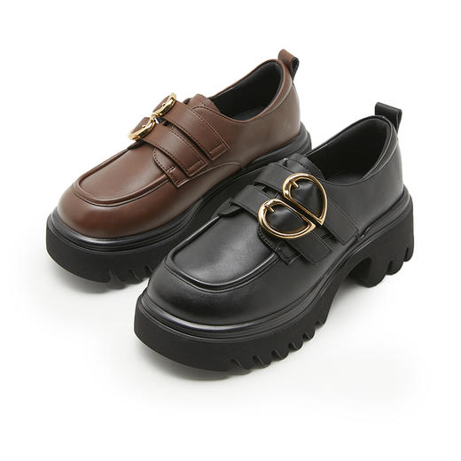 西遇厚底乐福鞋女新款心形金扣学院风深口单鞋黑色小皮鞋D0346263 商品图4