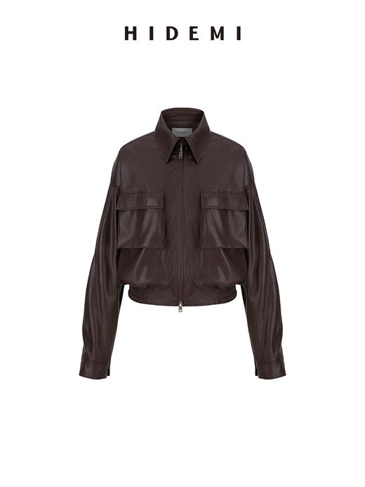 HIDEMI 节日系列超软蛋白皮口袋工装夹克皮衣套装 夹克外套/卷边九分裤 巧克力色/奶油黄 商品图10