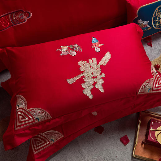 自然醒中式婚庆四件套全棉纯棉床单被套结婚床上用品新婚大红婚嫁40支GDS 商品图11