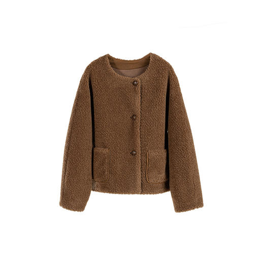 绽放932朵/2023冬季新款焦糖色全澳毛香蕉袖型设计感羊羔毛外套 商品图3